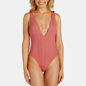 Raisins Women Coral Beach Islamorada Plunging One-Piece Swimsuit Junior Size L